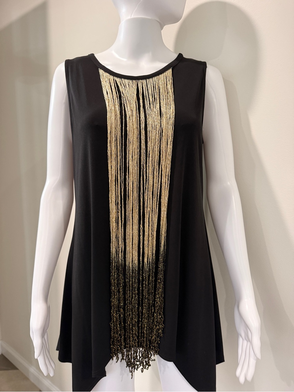 Boston Proper Black Sleeveless Asymmetrical Dress with Gold Fringe
